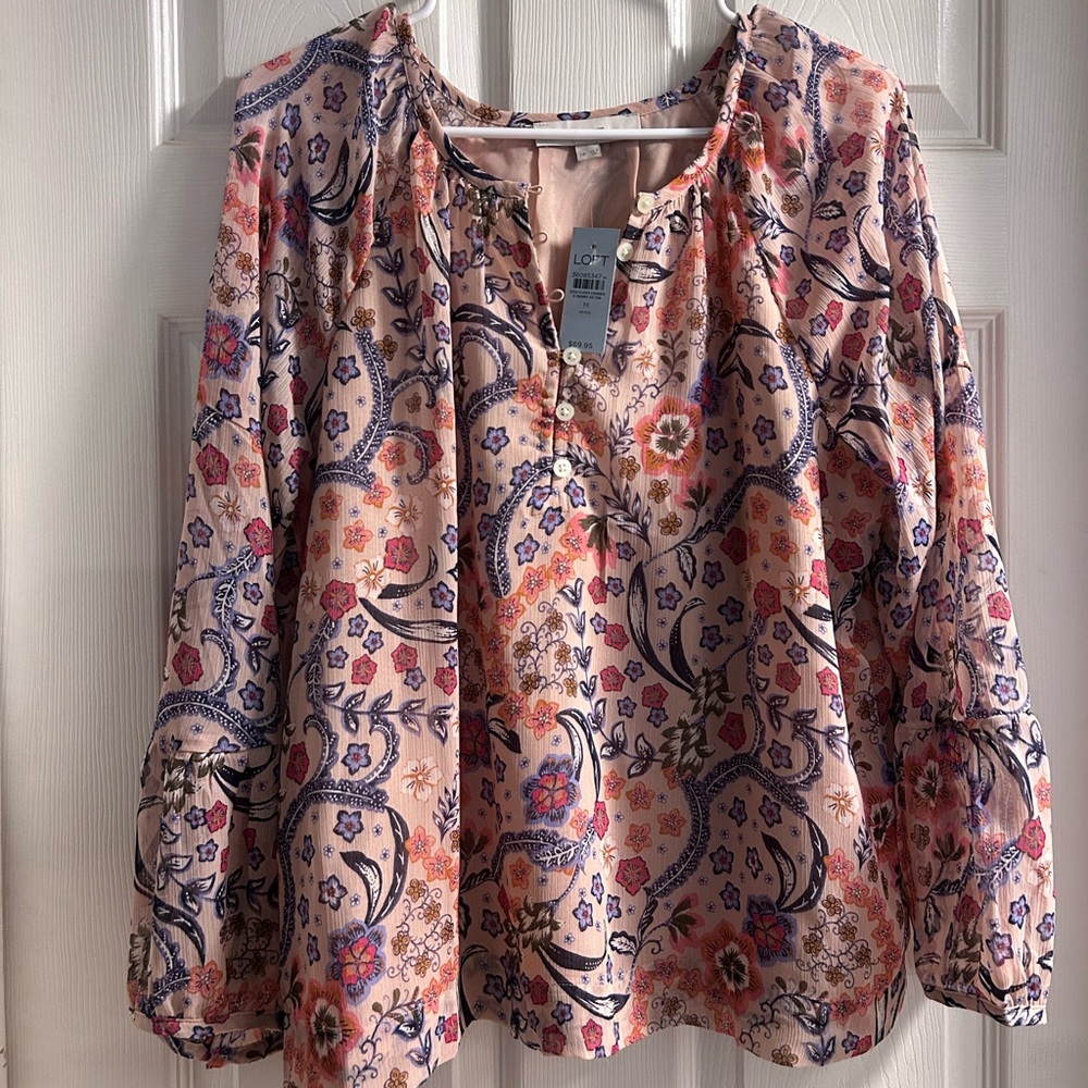 LOFT Pink Paisley Floral Peasant Blouse Medium Petite